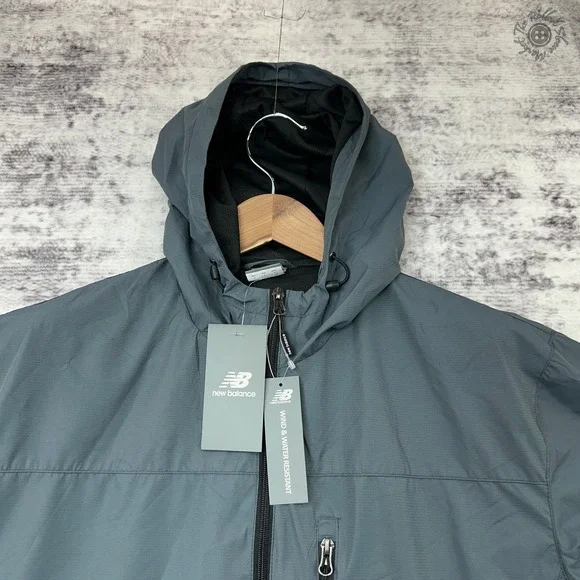 NWT New Balance Wind Jacket Men's Small Gray Hooded Water Wind Resistant - Picture 4 of 11